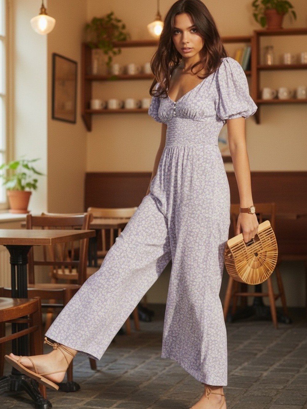 Auguste The Label Lilac Floral Puff-Sleeve Wide-Leg Jumpsuit